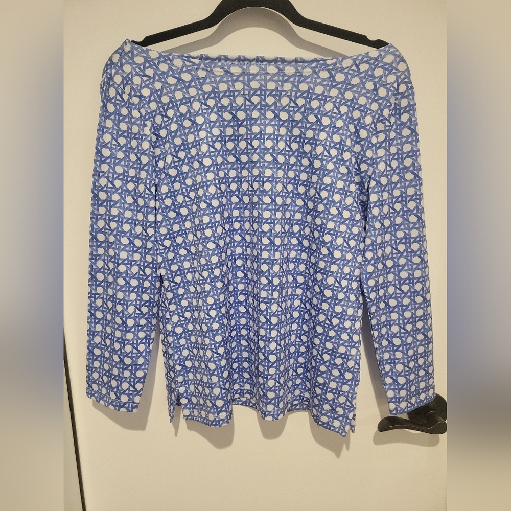 Vineyard Vines Blue and White Basket Weave Print 3/4 Sleeve Top